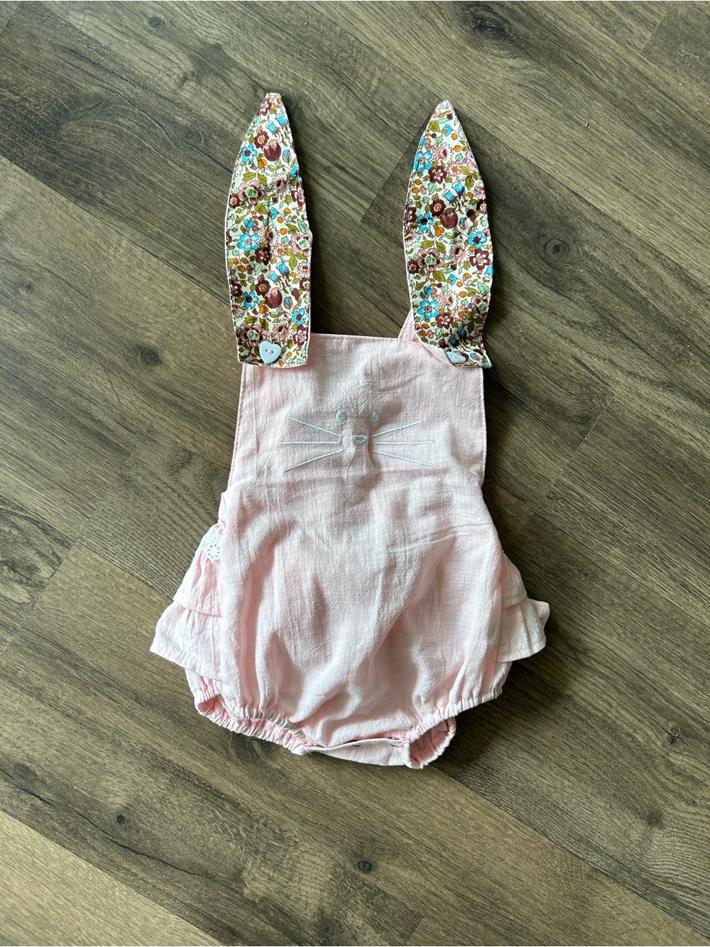 Baby Pink Bunny-Front Overalls Romper with Floral Ears